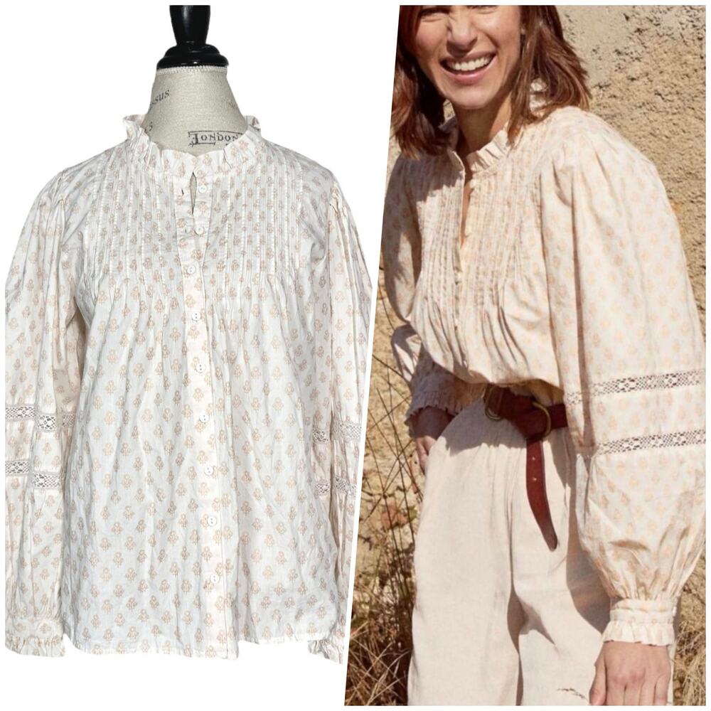 Sonmer | Women | Gold White Floral Prairie Farmhouse Poplin Kitty Blouse | Large